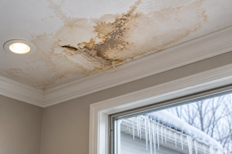 Ceiling water damage and staining caused by ice dam water intrusion near a snow-covered roof