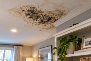 Alternaria mold growth and water damage spreading across a living room ceiling near crown molding