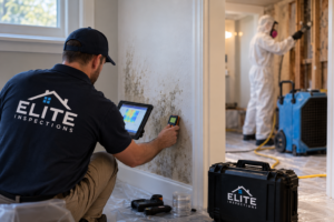 Independent mold inspector testing a moisture-damaged wall while a separate remediation contractor works in another room