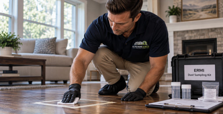Inspector collecting an ERMI dust sample from a hardwood floor in a Massachusetts home using a designated sampling area.