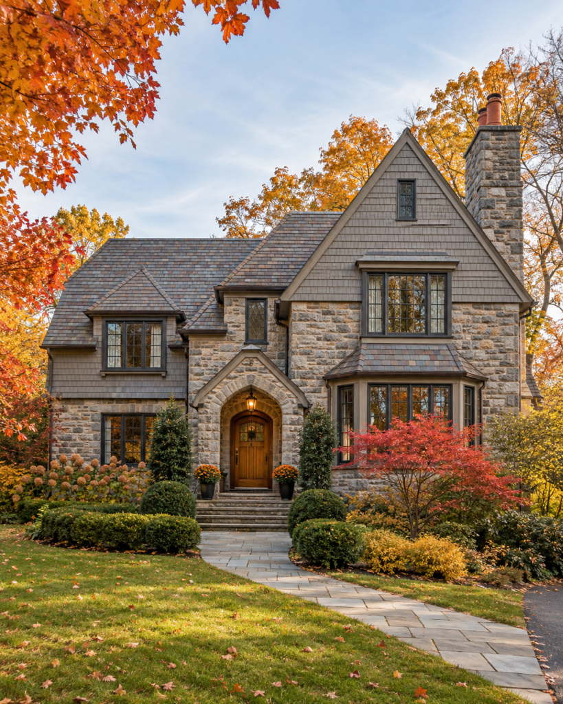 Autumn exterior of a distinctive Newton, MA home with warm fall foliage, a curved driveway, and landscaped front yard.