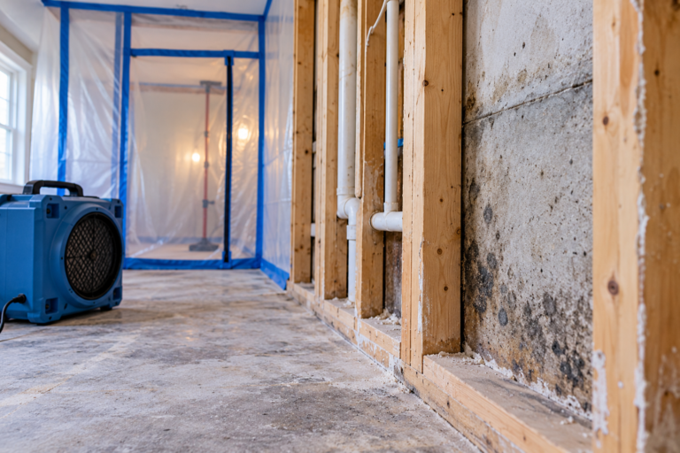 Exposed wall framing with remaining mold-like staining and debris inside a containment area during post-remediation verification and mold clearance inspection.