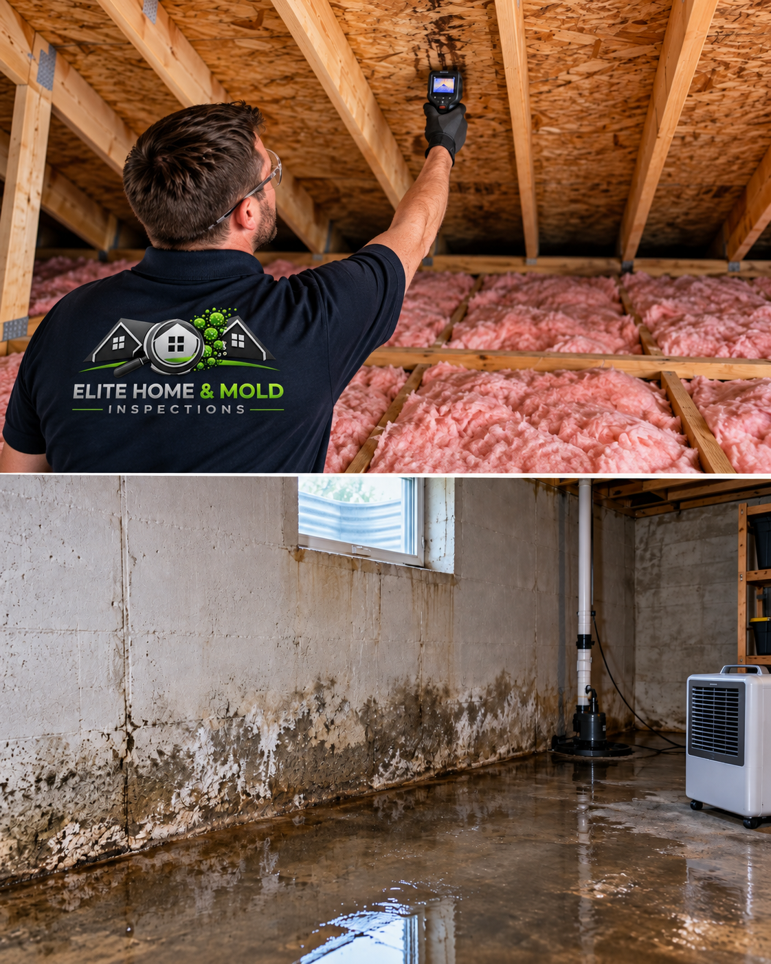 Building science and environmental inspection imagery showing attic insulation, basement moisture conditions, and an Elite inspector