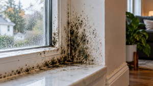 Cladosporium mold growth around a condensation-covered window frame and sill inside a home