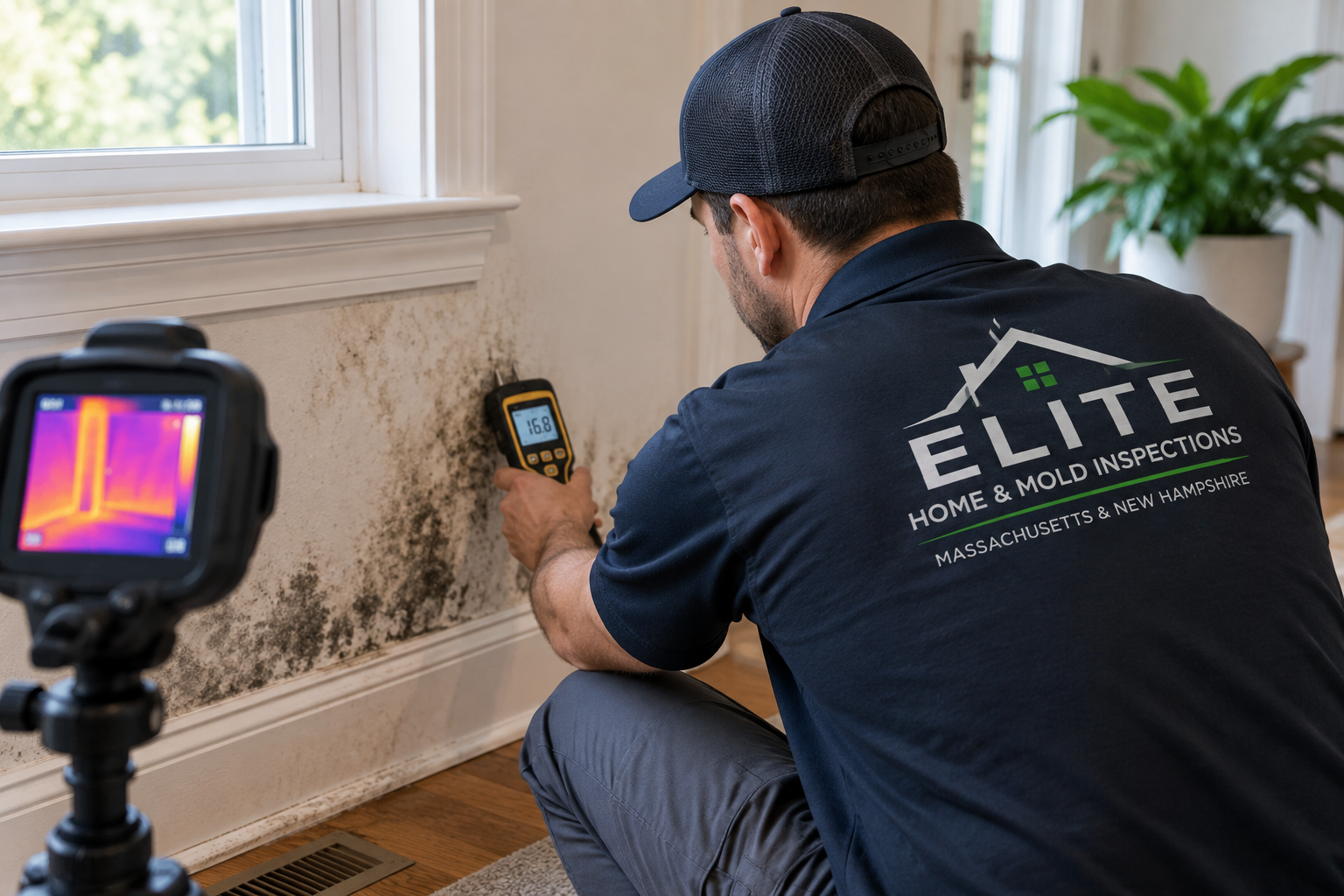 Mold inspector using a moisture meter and thermal imaging camera to evaluate mold and moisture damage in a home