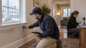 Professional mold inspection and mold testing inside a Massachusetts home with moisture evaluation near a window.
