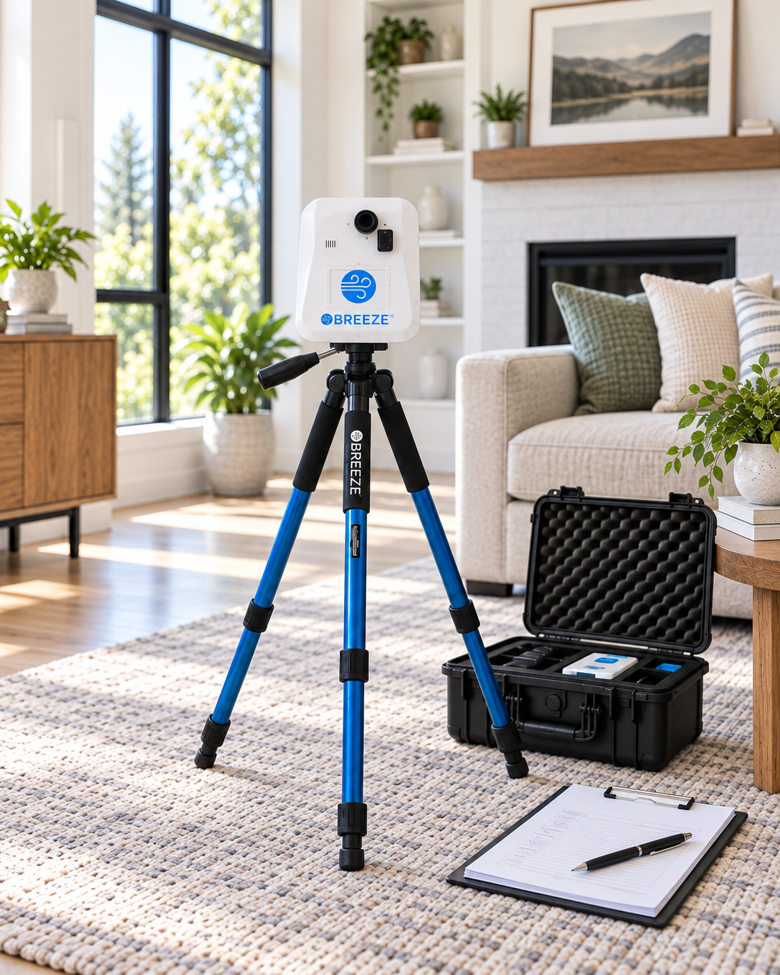 BREEZE mold air sampling equipment in a residential living room, illustrating traditional air sampling compared with ERMI settled-dust testing.