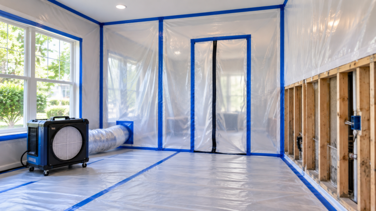 Room under plastic containment with blue tape barriers and exposed wall framing prepared for post-remediation verification before reconstruction.