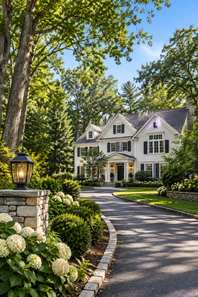 Wooded luxury home in Lincoln MA with mature trees, landscaped grounds, and curved driveway