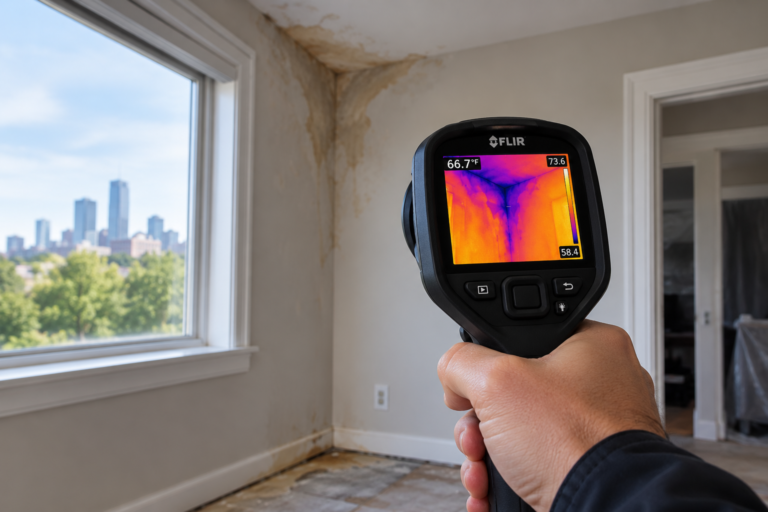 Thermal imaging camera documenting hidden moisture and water intrusion inside a residential property