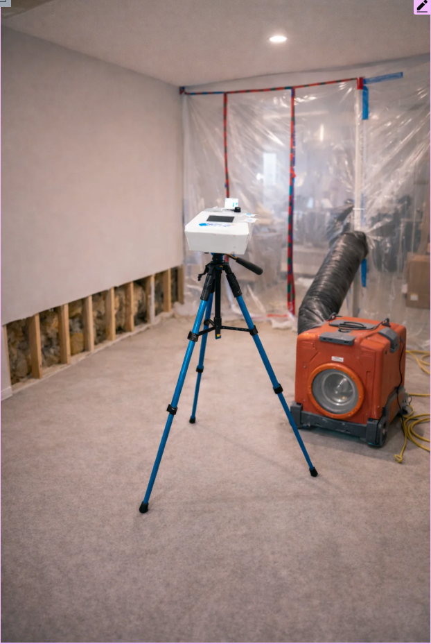 Post-remediation mold clearance testing equipment set up inside a contained work area after mold remediation.