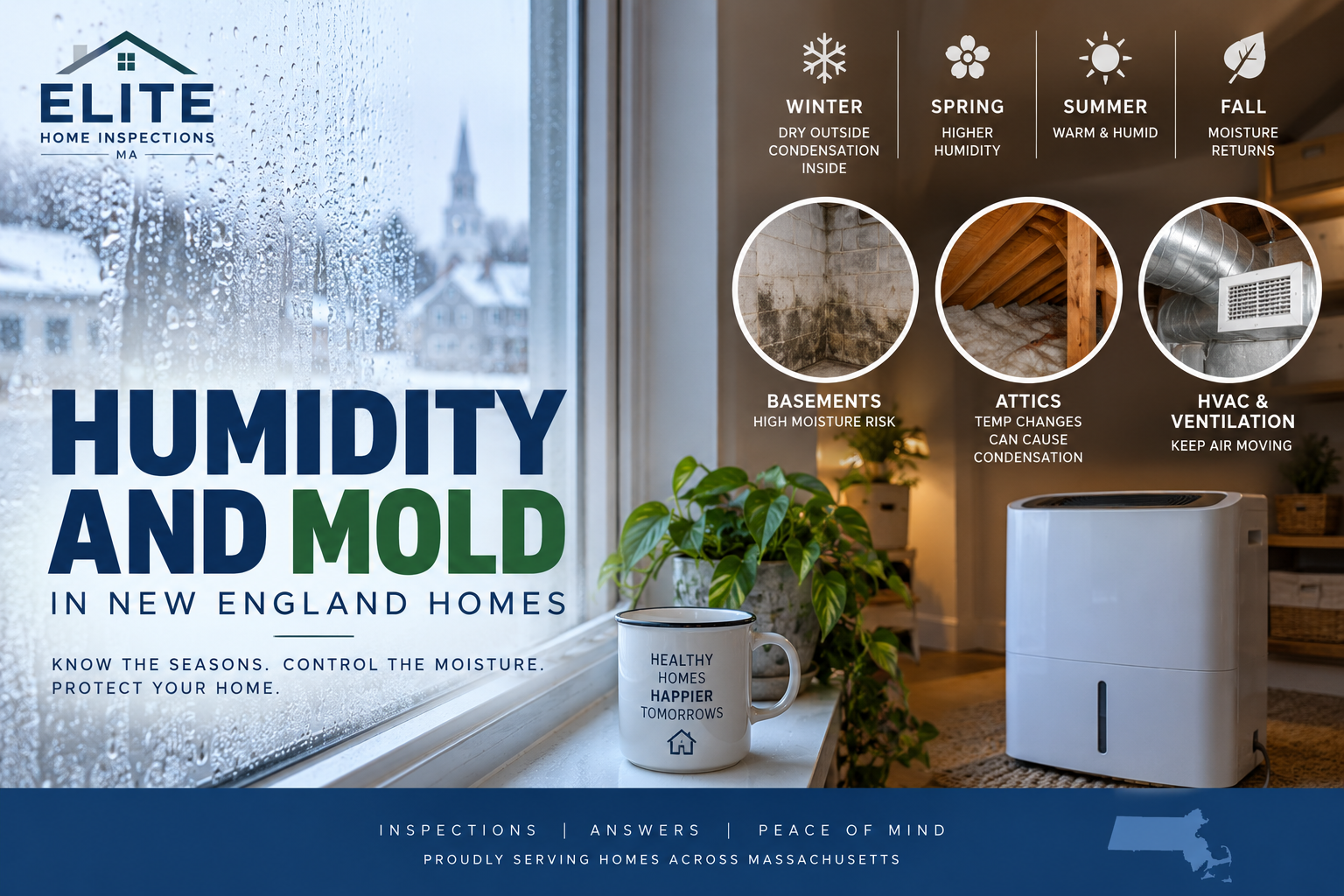 Humidity and mold in New England homes showing window condensation, basement moisture, attic conditions, HVAC ventilation and a dehumidifier