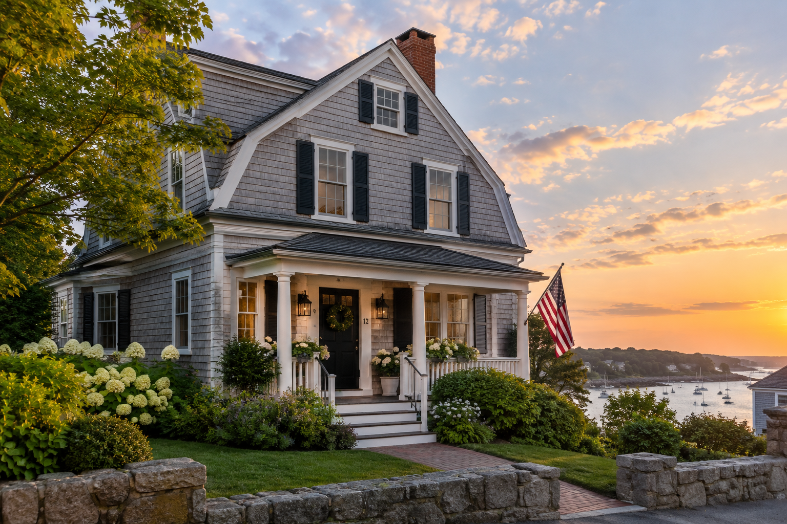 Traditional New England shingle-style home with gambrel roof and covered porch