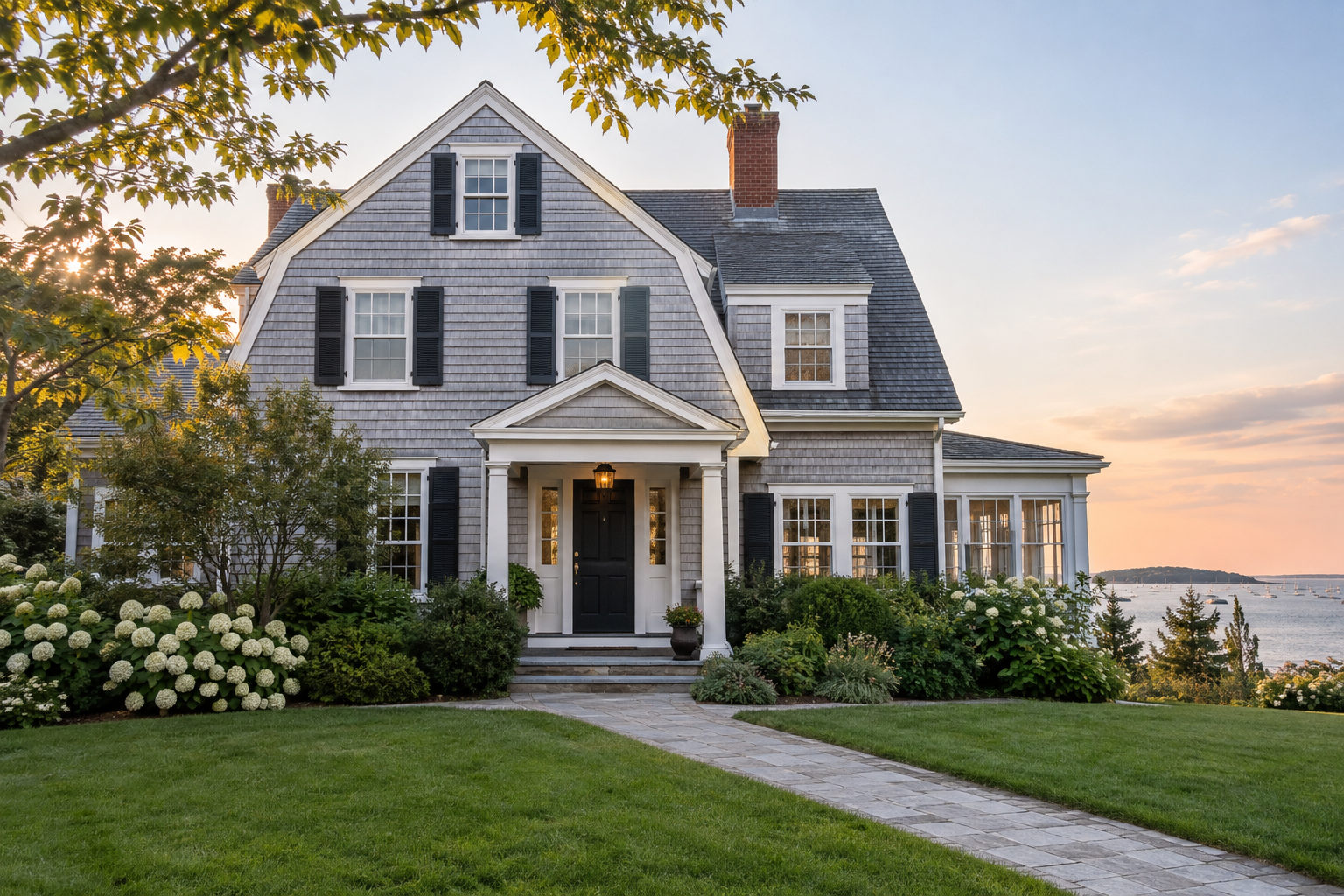 Traditional New England shingle-style residence with gabled roof and brick chimney