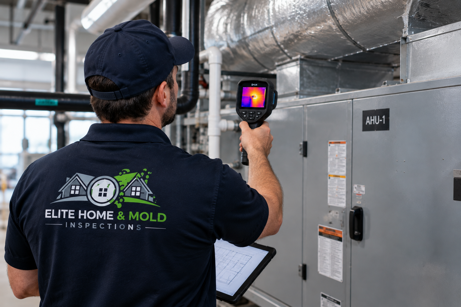 Commercial mold inspector using thermal imaging to evaluate HVAC and moisture conditions inside a commercial building
