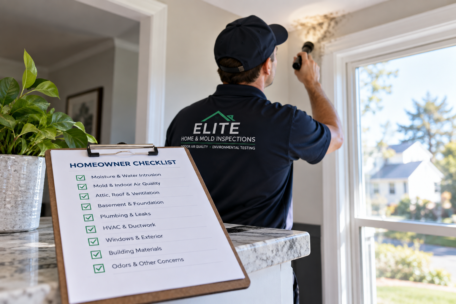Mold inspector reviewing moisture and indoor air quality concerns with a homeowner inspection checklist
