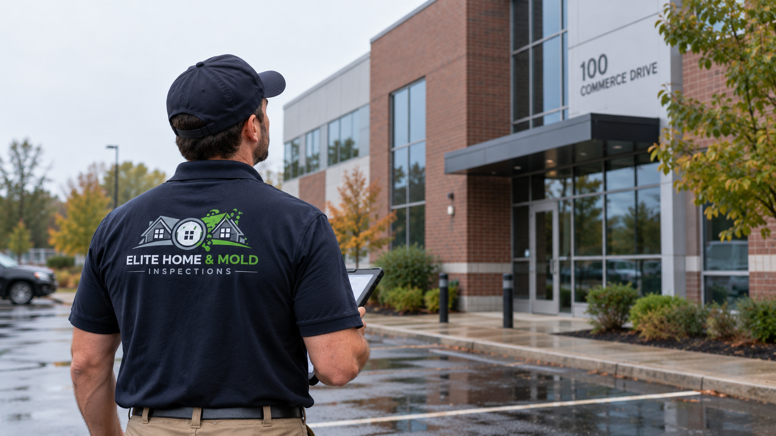 Commercial building inspector evaluating exterior moisture and water intrusion conditions after rainfall