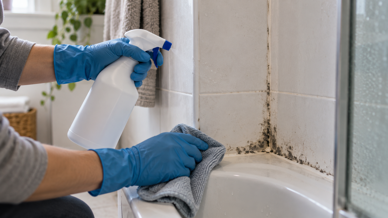 Person wearing gloves cleaning visible mold from bathroom tile with a spray bottle