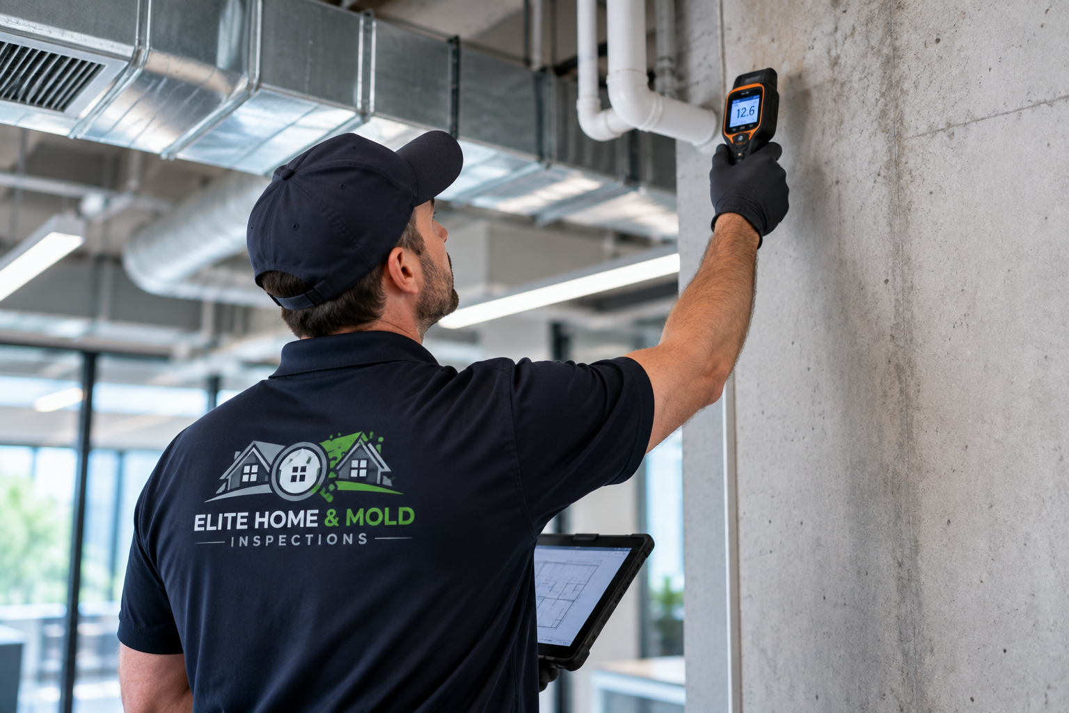 Commercial mold inspector checking moisture conditions on a concrete wall with a moisture meter