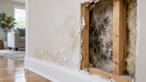 Mold growth hidden behind an opened interior wall with visible moisture damage and exposed framing.