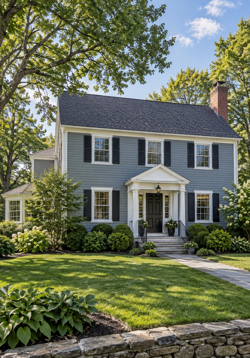 Two-story gray-blue Colonial-style home with black shutters, white trim, brick chimney, and landscaped front yard representing residential mold inspection services in Wakefield, MA
