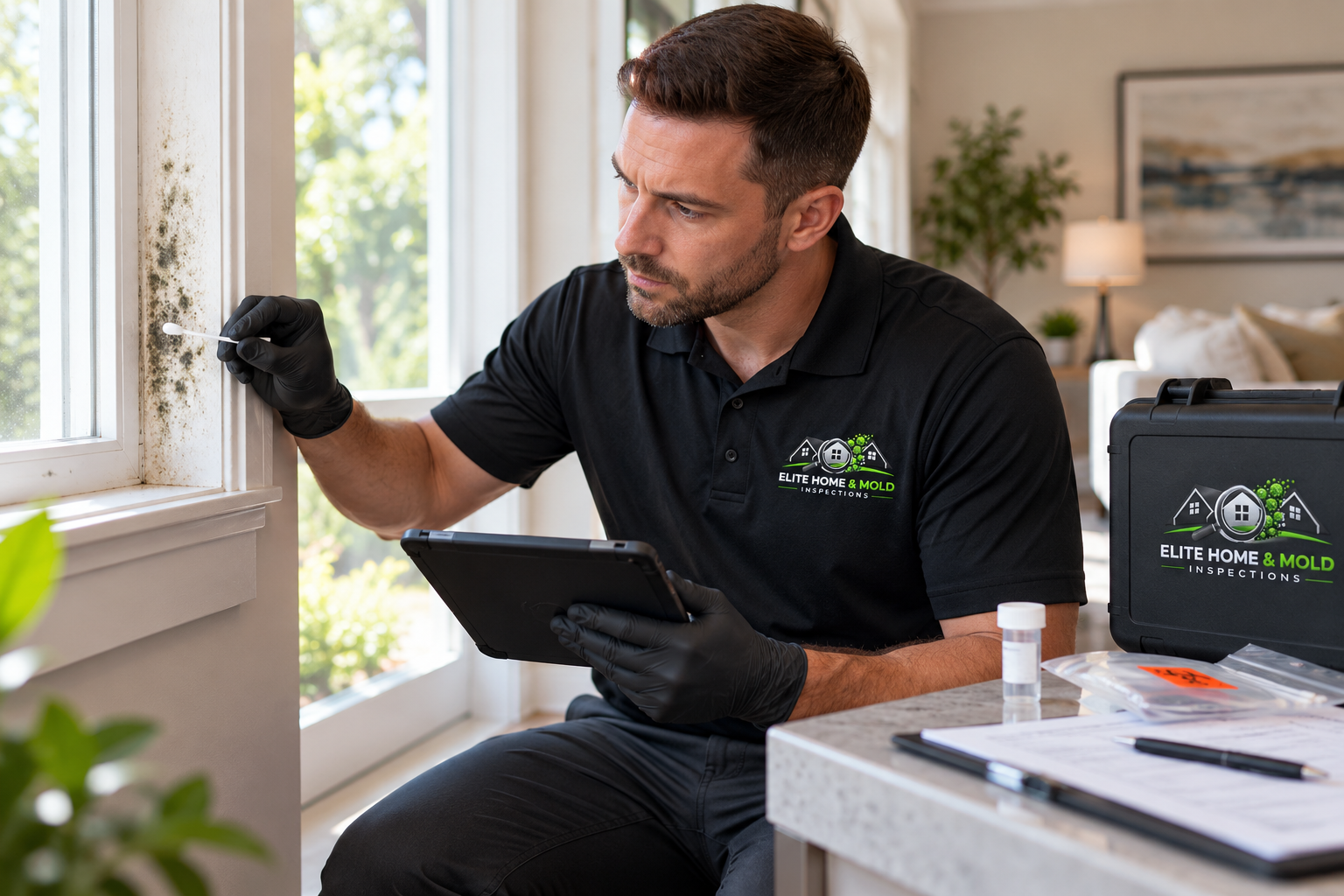 Professional mold inspector collecting a surface sample from suspected mold near a window in a Massachusetts home
