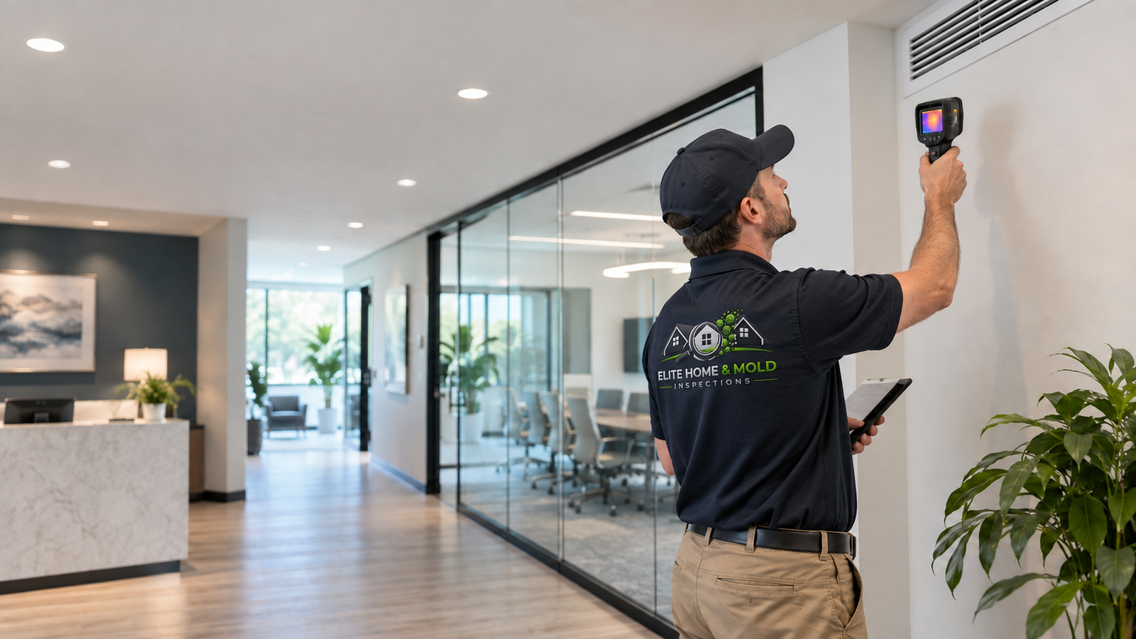 Commercial mold inspection in an office building evaluating moisture and HVAC conditions