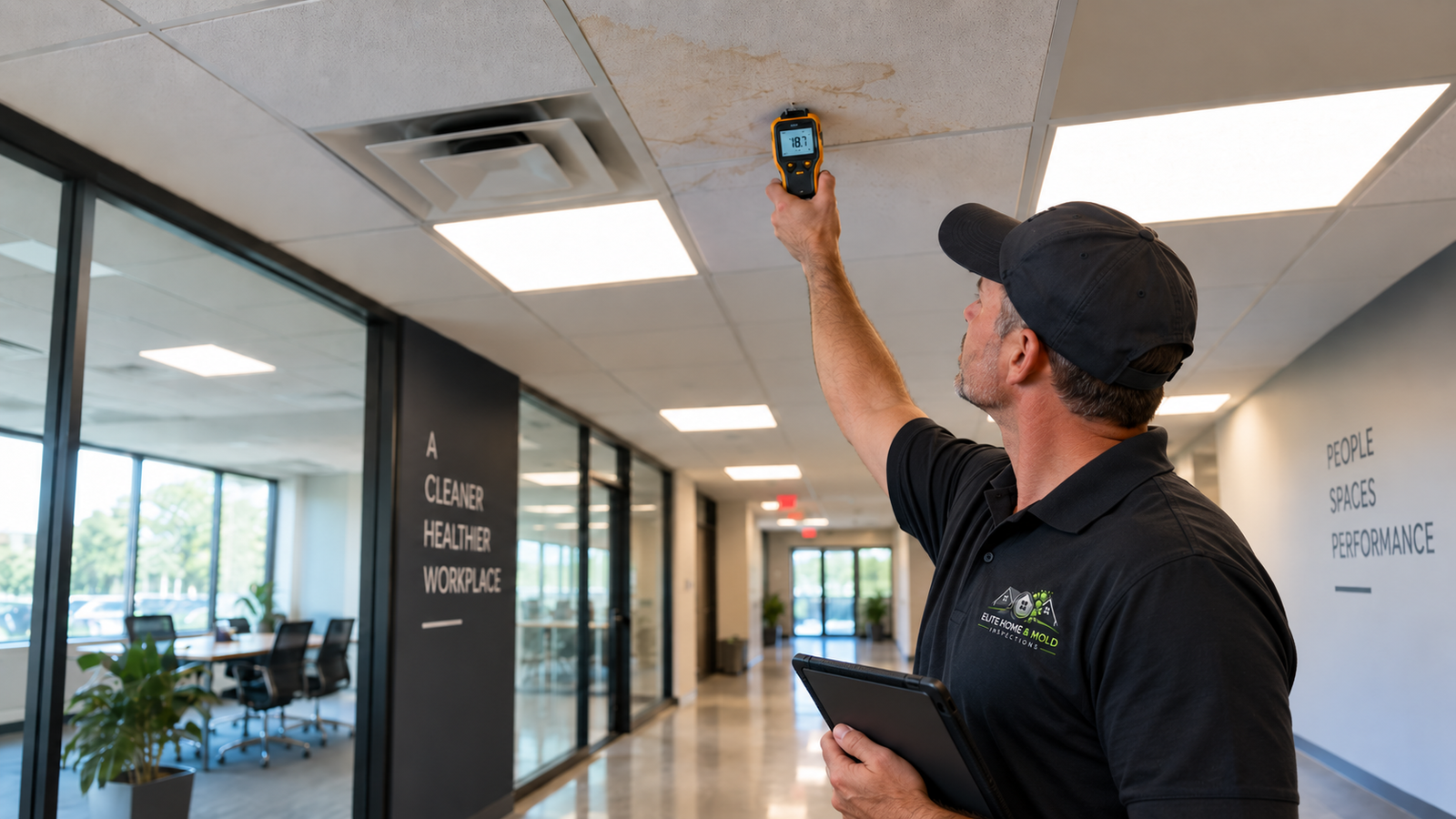 Commercial mold inspector documenting a ceiling moisture stain during a mold and moisture inspection