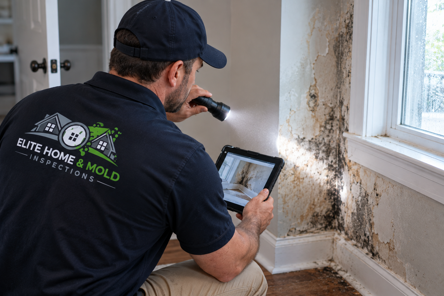 Commercial mold inspector documenting visible mold and moisture damage near a window