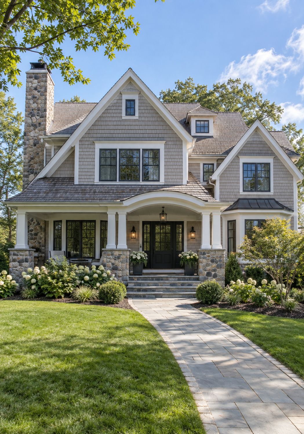 Craftsman-style home with gray siding, stone chimney, and covered front porch representing residential mold inspection services in North Andover, MA
