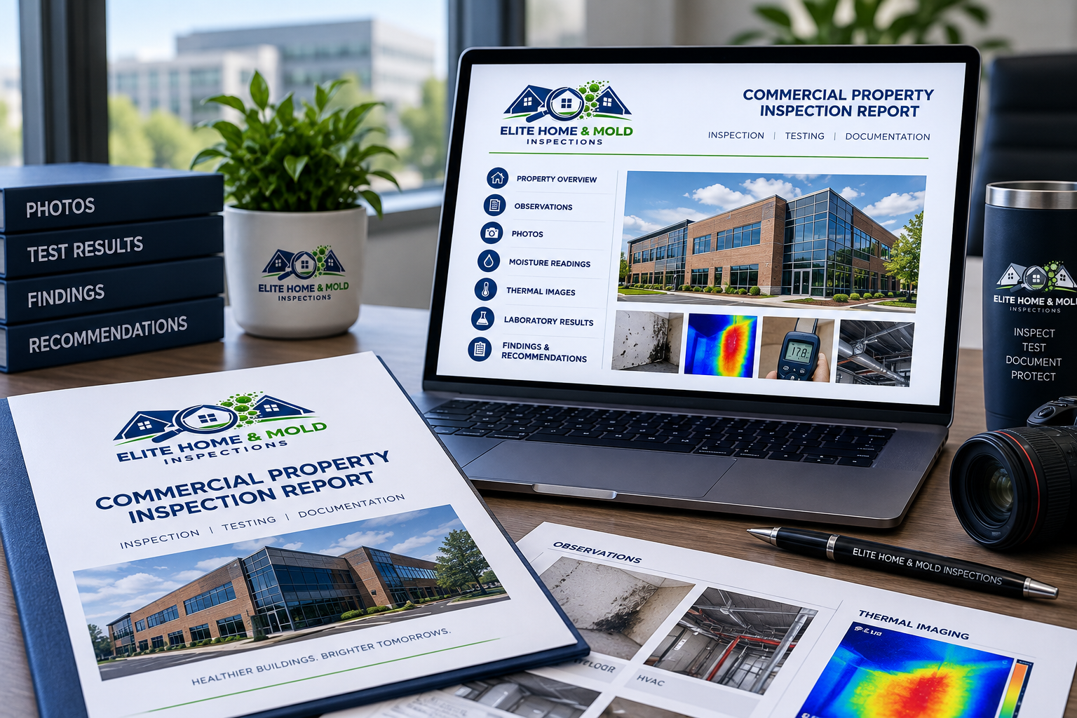 Commercial mold inspection report with photographs moisture readings thermal imaging laboratory results and written findings