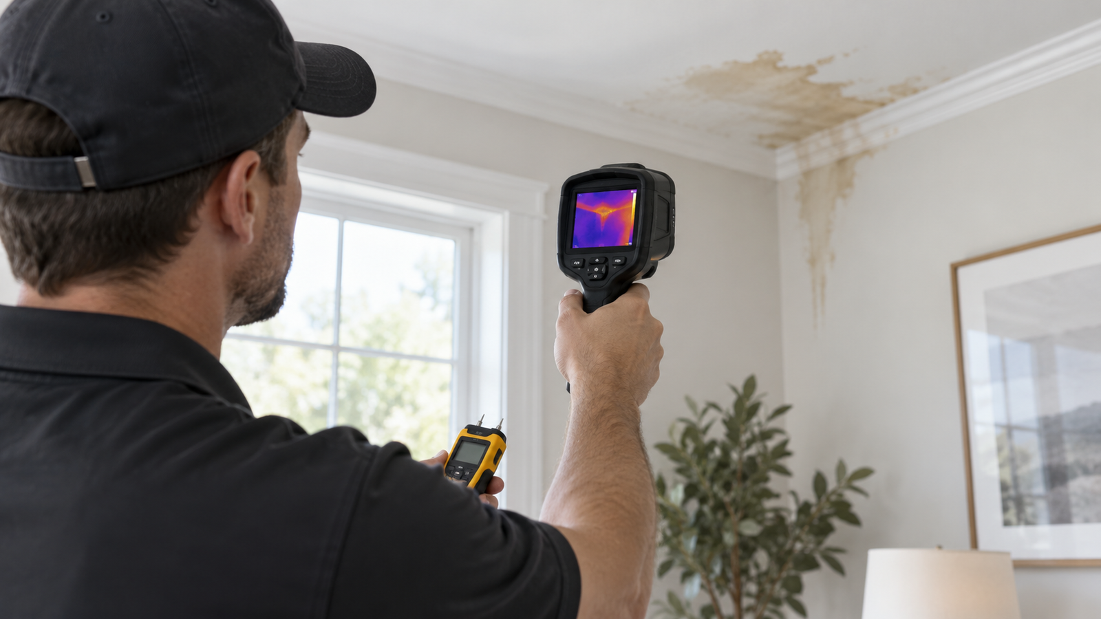 Moisture mapping Massachusetts inspector using thermal imaging and a moisture meter to evaluate water intrusion